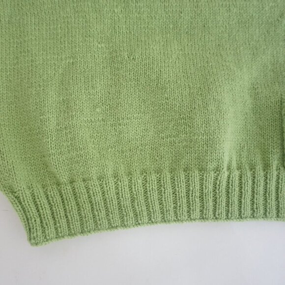 Vintage Hand Knit Lime Green Argyle Crochet PomPom Scoop Neck Sweater Small - Picture 7 of 11